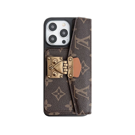 MONOGRAM IPHONE CASE WITH PURSE AND CROSSBODY STRAP BROWN