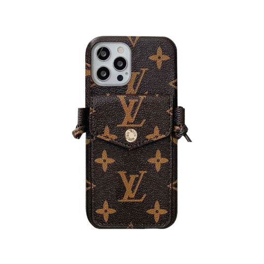 MONOGRAM IPHONE CASE WITH PURSE AND CROSSBODY STRAP BROWN